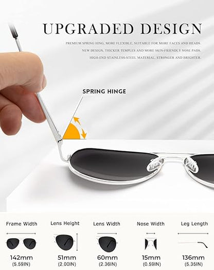 Polarized Aviator Sunglasses for Men and Women, Premium Metal Frame
